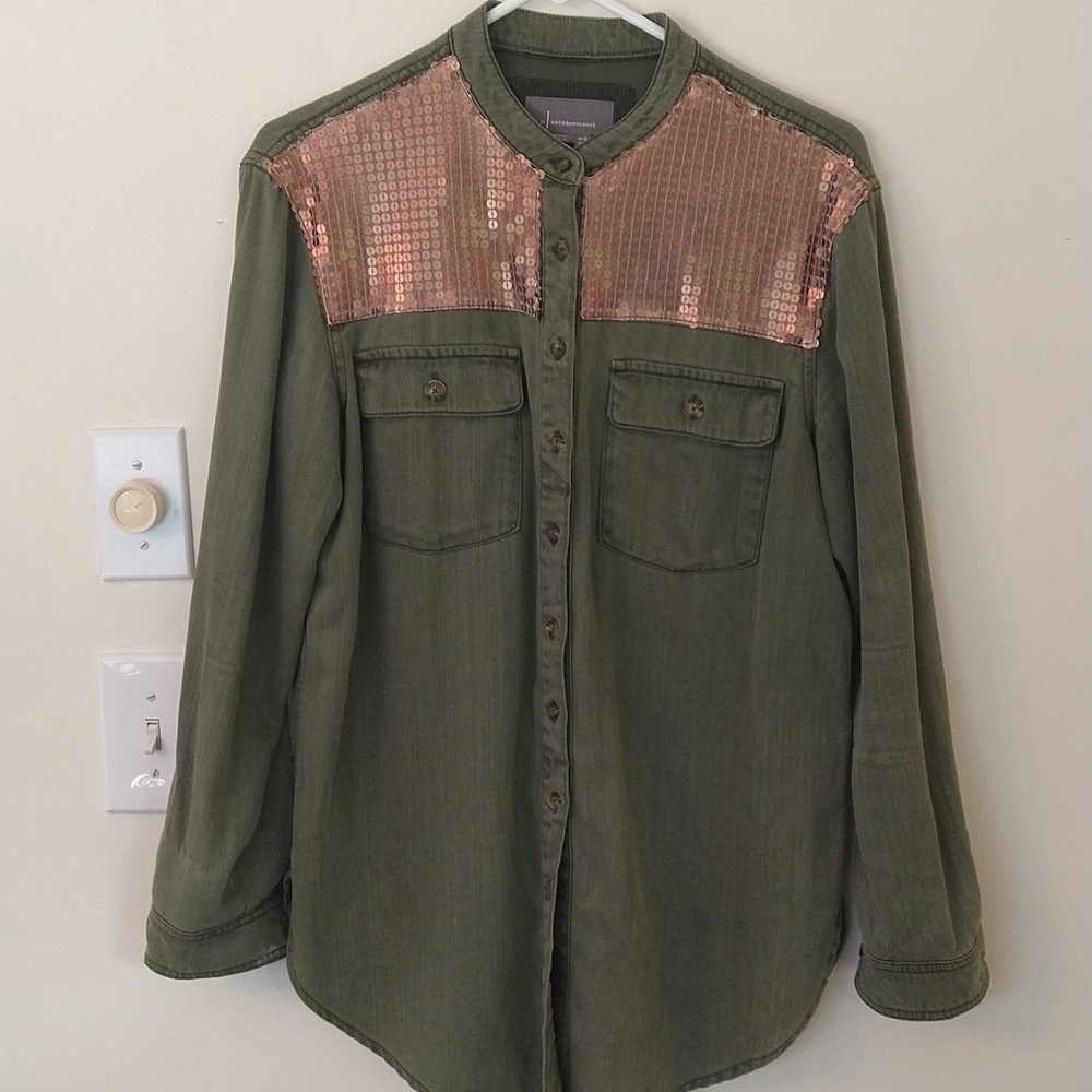 Anthropologie army green bronze metallic oversized shirt jacket size 8